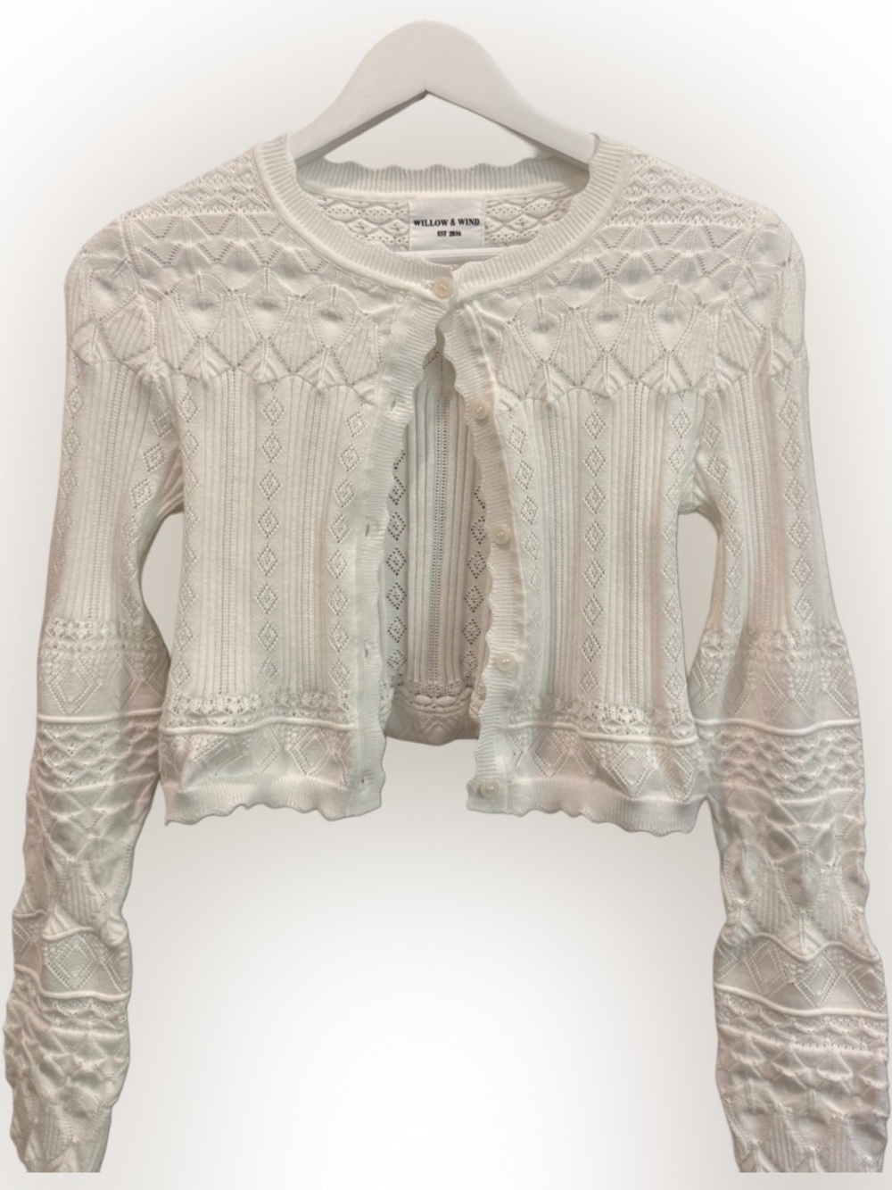 Willlow and Wind White Scalloped Cropped Cardigan